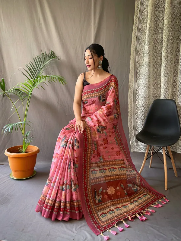Flamingo_Pink_Pure_Malai_Cotton_Sarees_with_Digital_Printed_Work_With_Blouse_Piece_Attached